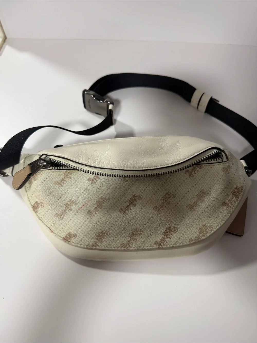 Coach Neutral Leather Logo Tag with Black Strap belt bag